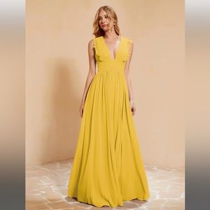 Babaroni Plunging V-Neck Ruffles Pleated Dress With Silt Marigold BABARONI